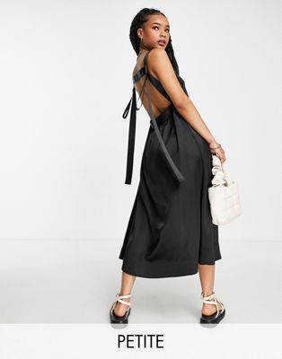 Topshop Petite Grossgrain Contrast Strap Midi Slip Dress In Black