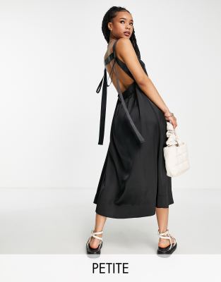 Topshop Petite Grossgrain Contrast Strap Midi Slip Dress In Black