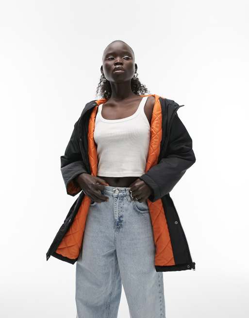 Topshop Petite - Halflange parka met capuchon in zwart