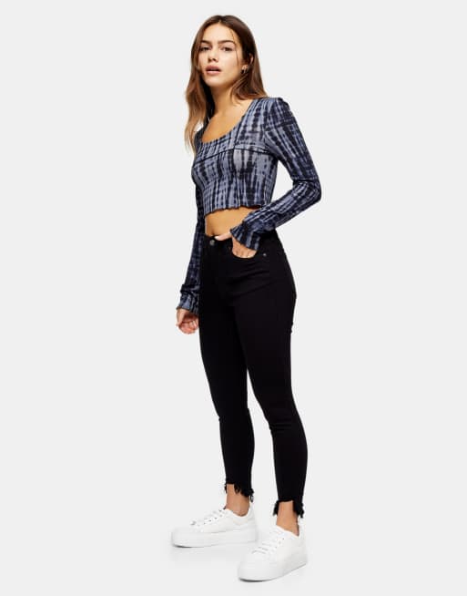 Topshop Petite high rise Jamie jeans with jagged hem detailing in black