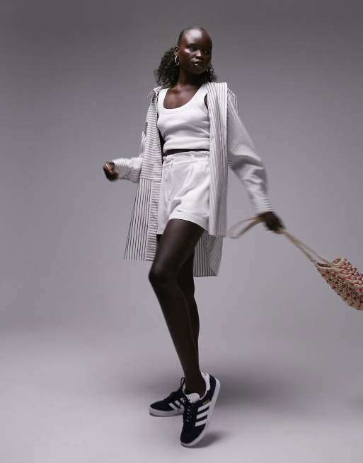 Topshop Petite high waist smart linen short in white 