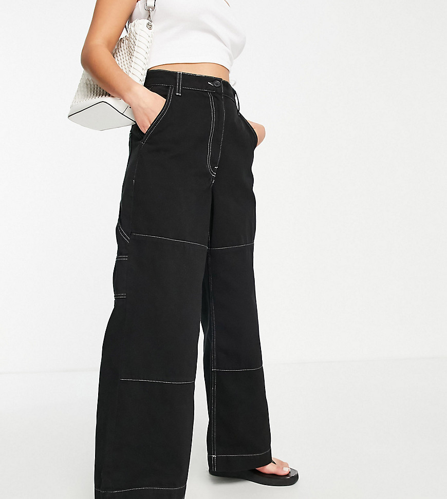 Topshop Petite high waisted workwear straight leg cargo pants in black