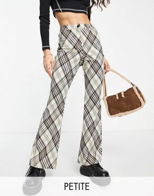Topshop Petite highwaisted bengaline flared trouser in green check - ASOS Price Checker