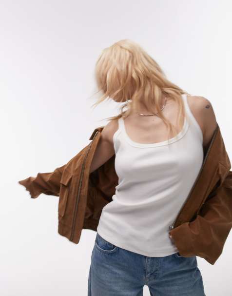 Topshop Petite - Hvid ribstrikket top med tynde stropper og dyb, rund hals - view 1
