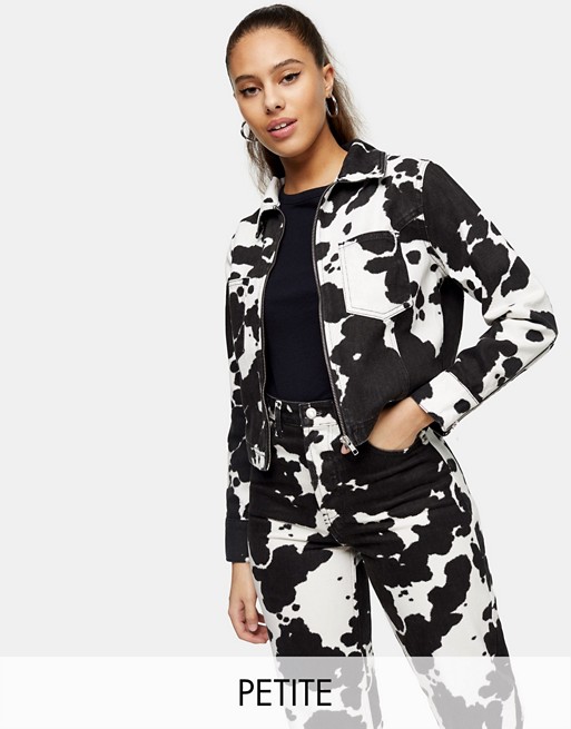 Topshop Petite cow print jacket in monochrome