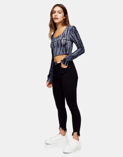 Topshop Petite - Jamie - Jean à ourlet découpé - Noir 