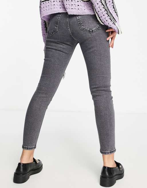 Topshop Petite - Jamie - Jeans met scheur op de dij in donkergrijs , 2 van 4