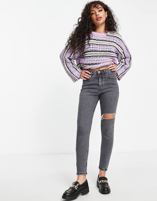 Topshop Petite Jamie jeans with thigh rip in dark grey | ASOS