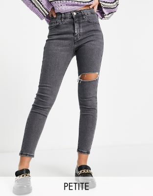 Topshop Petite Jamie jeans with thigh rip in dark grey