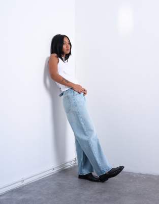 Jean décontracté délavé à taille basse cintrée-Bleu W26 L28