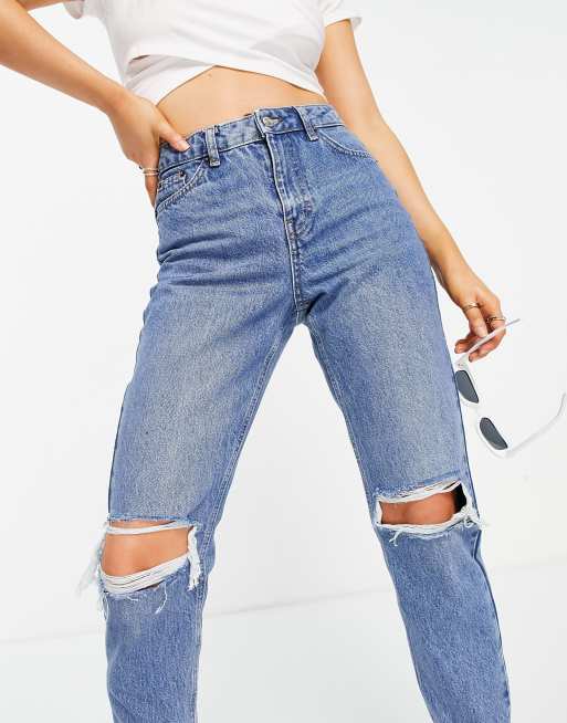 Topshop Petite - Jean mom à double déchirure - Bleu moyen, 3 de 4
