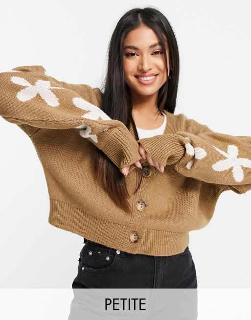 Topshop Petite – Kamelbrun kofta med v-ringning, knappar och blommor 