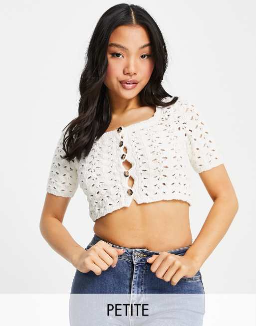Topshop Petite – Kardigan z ażurowej dzianiny w kolorze kości słoniowej