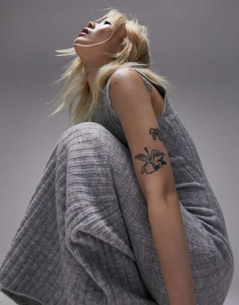 Topshop Petite knitted sleeveless midi dress in grey - view 1