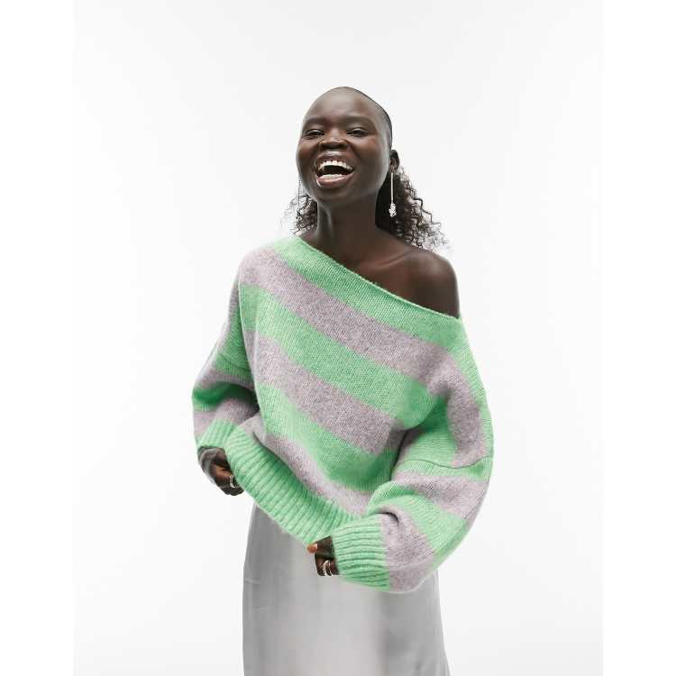 Topshop Petite knitted slouchy jumper in green and lilac | ASOS