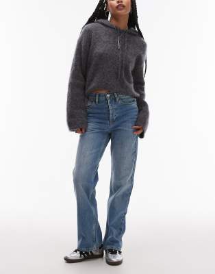 Topshop Petite - Kort - Gerade geschnittene Jeans in Mittelblau mit hohem Bund