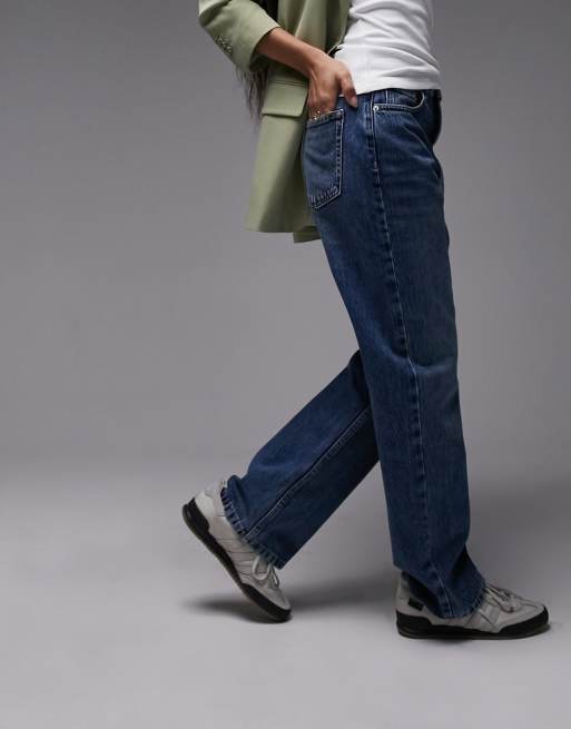 Topshop Petite Kort high rise straight jean in mid blue 