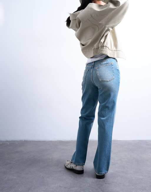 Topshop Petite - Kort - Jeans dritti a vita alta blu medio , 5 di 7