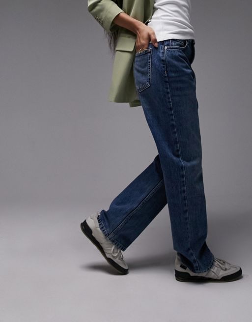 Topshop Petite - Kort - Salvatore jeans dritti blu medio a vita medio alta 