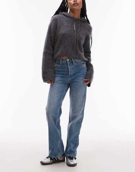 Topshop Petite – Kort – Niebieskie jeansy o prostym kroju z podwyższonym stanem 