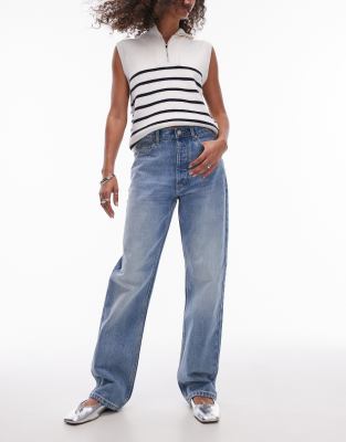 Topshop Petite - Kort - Straight Jeans in Bleach-Waschung mit hohem Bund-Blau