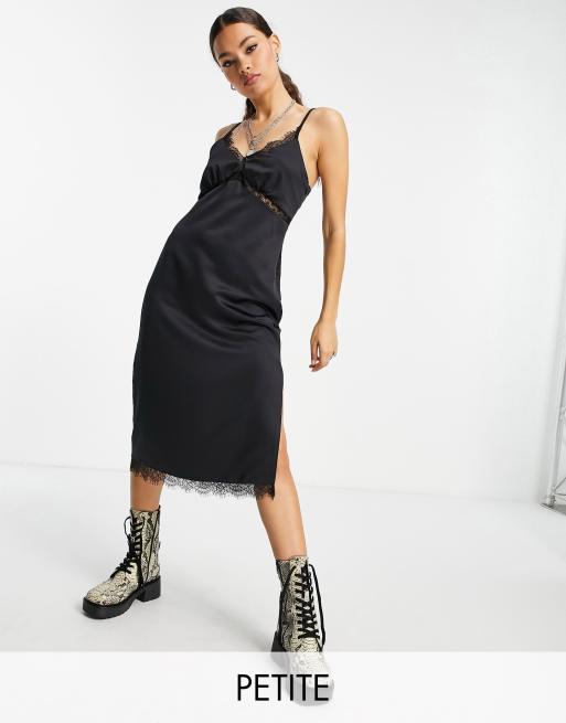 Topshop Petite lace trim midi slip dress in black