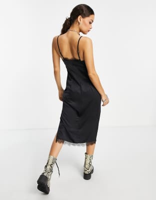 knee length dresses for ladies Rent Topshop Ruffle And Lace Detail Slip Dress In Black main image 1