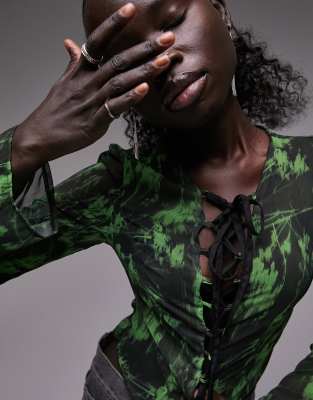Topshop petite lace up chiffon floral print blouse in green - ASOS Price Checker