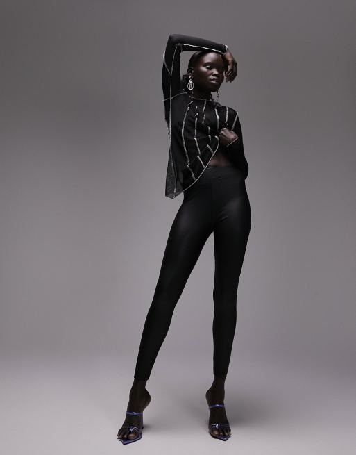 Topshop Petite leather look legging in black