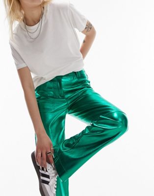 Topshop Petite leather low rise tab waist straight leg metallic trouser in green