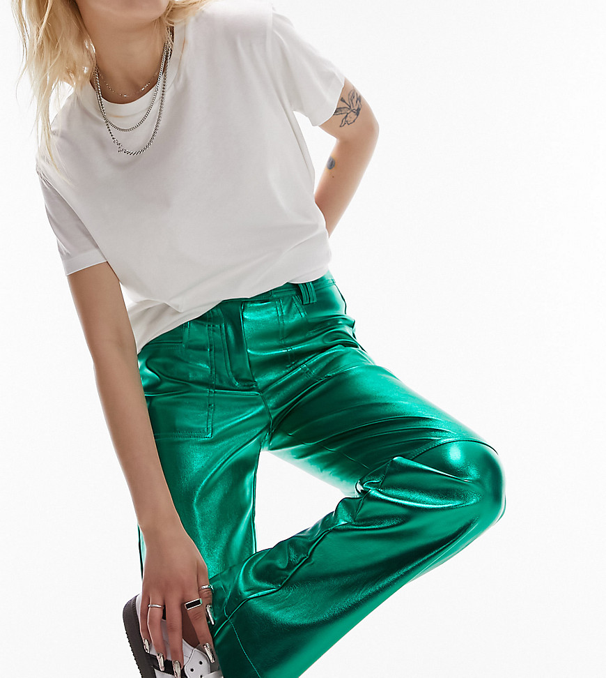 Topshop Petite leather low rise tab waist straight leg metallic trouser in green