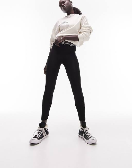 Topshop Petite - Legging à taille élastique griffée - Noir