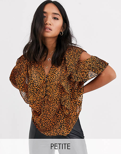 Topshop Petite leopard print plisse top in brown | ASOS