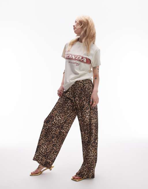 Topshop Petite leopard print plisse trouser in multi ASOS