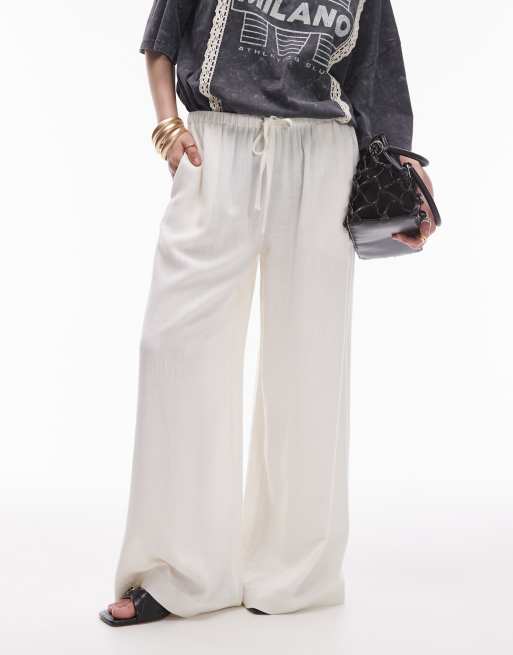 Topshop Petite linen tie waist pants in white, 2 of 5