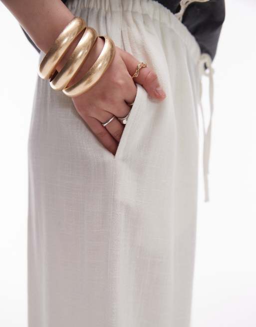 Topshop Petite linen tie waist pants in white, 3 of 5