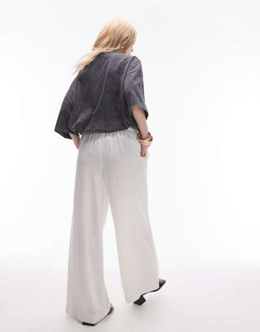 Topshop Petite linen tie waist pants in white, 4 of 5