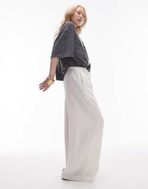 Topshop Petite linen tie waist trouser in white - WHITE - view 1