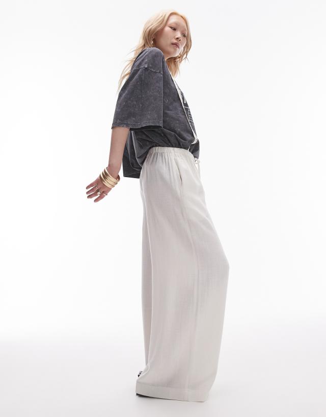 Topshop Petite - linen tie waist trouser in white - white