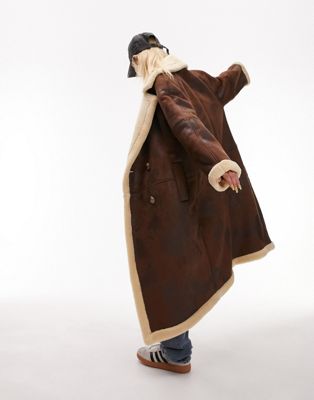 Topshop Petite long-line aviator coat in brown