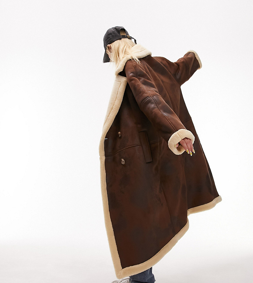 Topshop Petite long-line aviator coat in brown