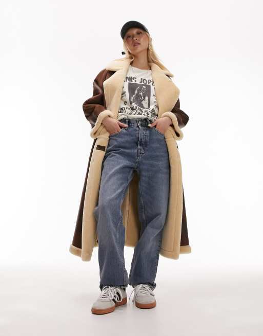Topshop Petite long-line aviator coat in brown, 2 of 4