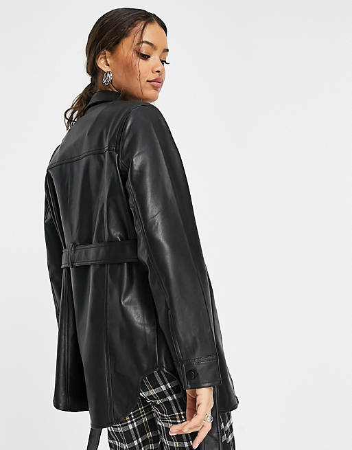 Tops Topshop Petite long sleeve belted faux leather shirt in black 