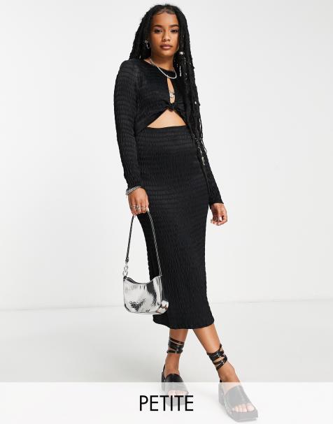 Topshop Petite long sleeve midi dress with knot front in black - view 1