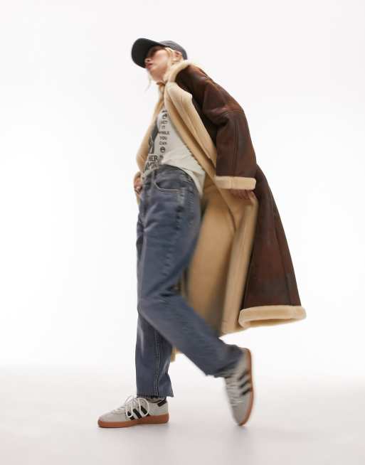 Topshop Petite longline aviator coat in brown, 4 of 4