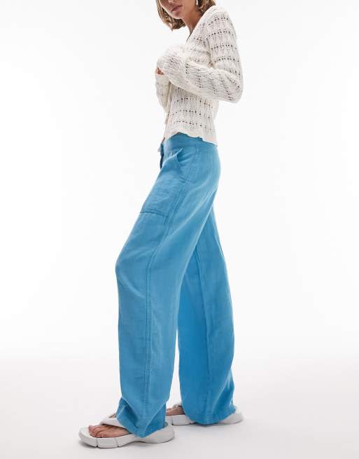 Topshop Petite low rise linen cargo straight leg pants in blue