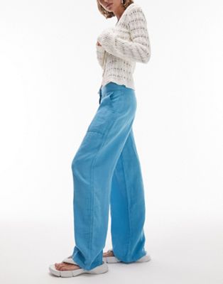 Topshop Petite low rise linen cargo straight leg trouser in blue
