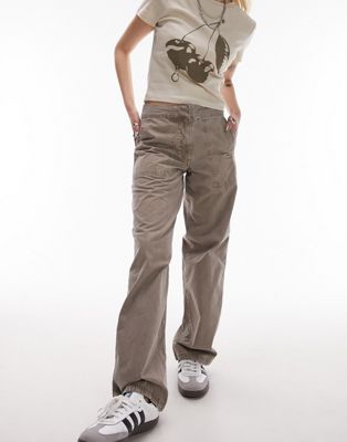 Topshop Petite low rise washed straight leg trouser in taupe