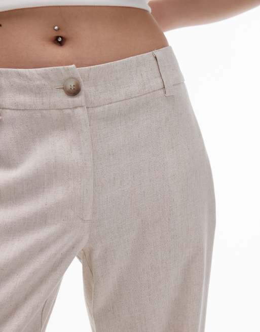 Topshop Petite low slung linen button pants in natural, 3 of 5
