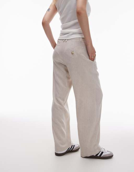 Topshop Petite low slung linen button pants in natural, 4 of 5